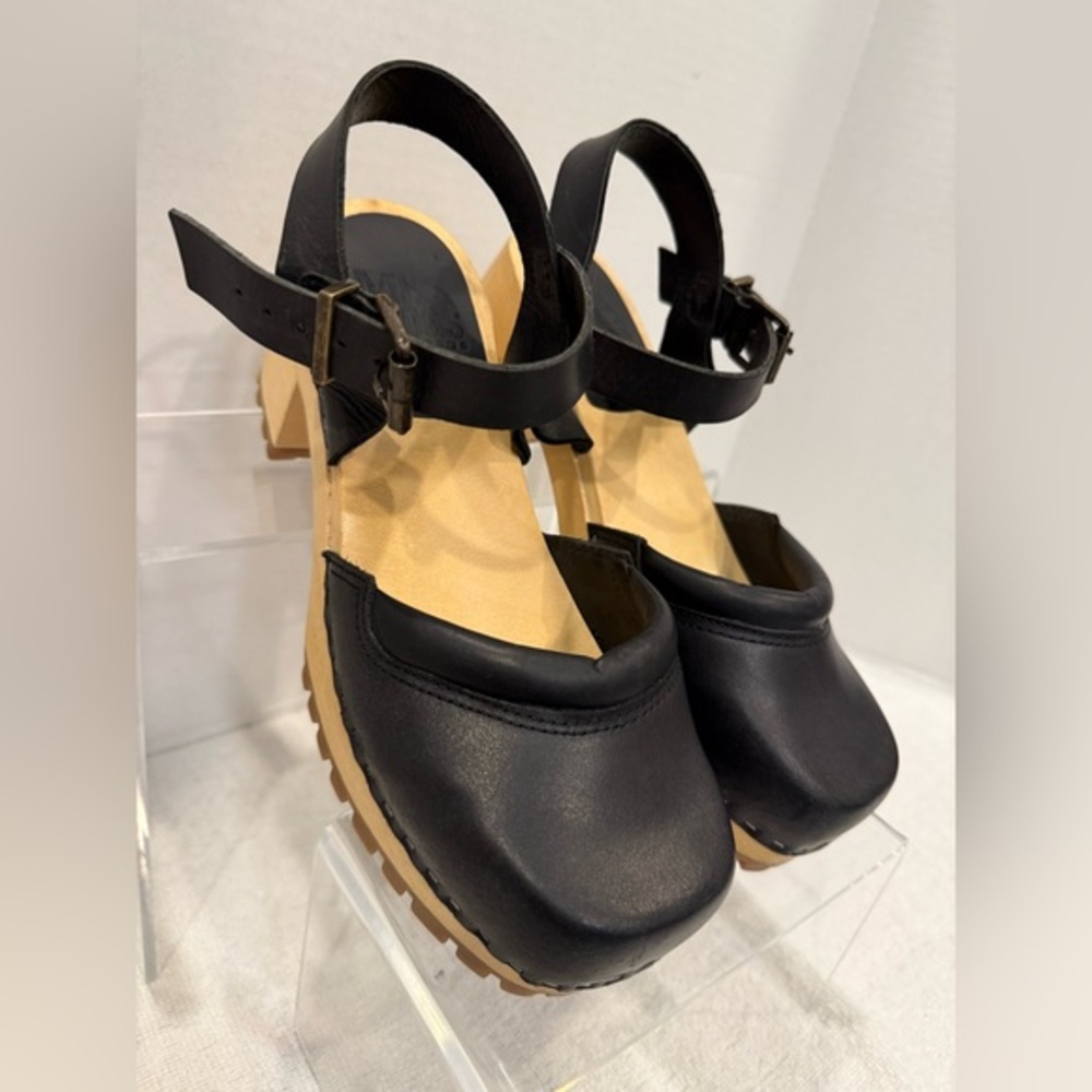 MIA Black Leather Clog Mules with Tan Lug Sole and Ankle Strap